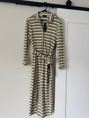 Lulu’s Cream and Green Striped Long Sleeve Shirt Dress with Belt